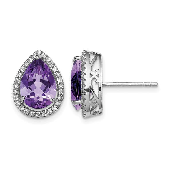 Sterling Silver Rhodium Polished Amethyst & CZ Post Earrings 14 in - Birthstone Company