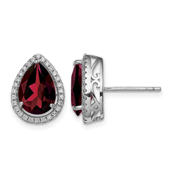 Sterling Silver Rhodium Polished Garnet & CZ Post Earrings - Birthstone Company