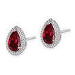 Sterling Silver Rhodium Polished Clear CZ and Lab Created Ruby Pear Post Earrings - Birthstone Company