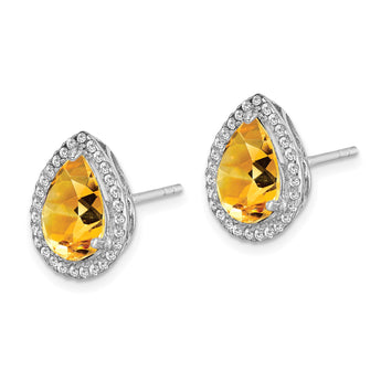 Sterling Silver Rhodium Polished Citrine & CZ Post Earrings - Birthstone Company
