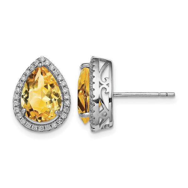 Sterling Silver Rhodium Polished Citrine & CZ Post Earrings - Birthstone Company