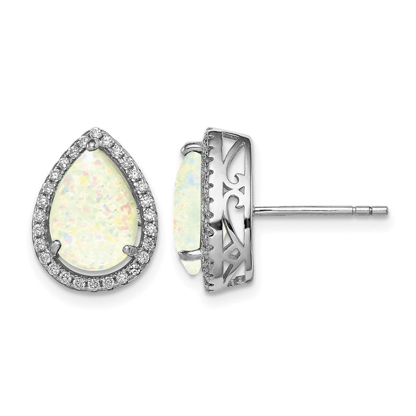 Sterling Silver Rhodium Polished Simulated Opal & CZ Post Earrings - Birthstone Company