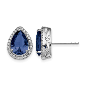 Sterling Silver Rhodium Created Sapphire & CZ Post Earrings - Birthstone Company