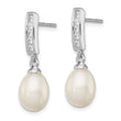 Sterling Silver Rhodium Plated Clear CZ and 8-9mm White Freshwater Cultured Pearl Dangle Post Earrings - Birthstone Company
