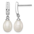 Sterling Silver Rhodium Plated Clear CZ and 8-9mm White Freshwater Cultured Pearl Dangle Post Earrings - Birthstone Company