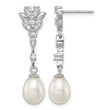 Sterling Silver Rhodium Plated Clear CZ and 8-9mm White Freshwater Cultured Pearl Dangle Post Earrings - Birthstone Company