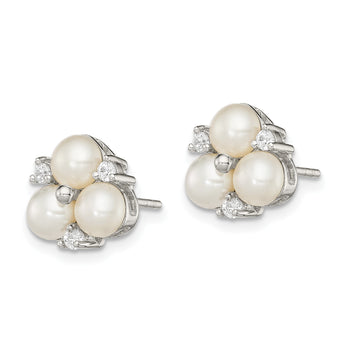 Sterling Silver Rhodium Plated Clear CZ and Three 5-6mm White Freshwater Cultured Pearl Cluster Post Earrings - Birthstone Company