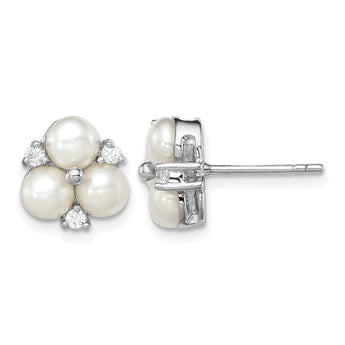 Sterling Silver Rhodium Plated Clear CZ and Three 5-6mm White Freshwater Cultured Pearl Cluster Post Earrings - Birthstone Company