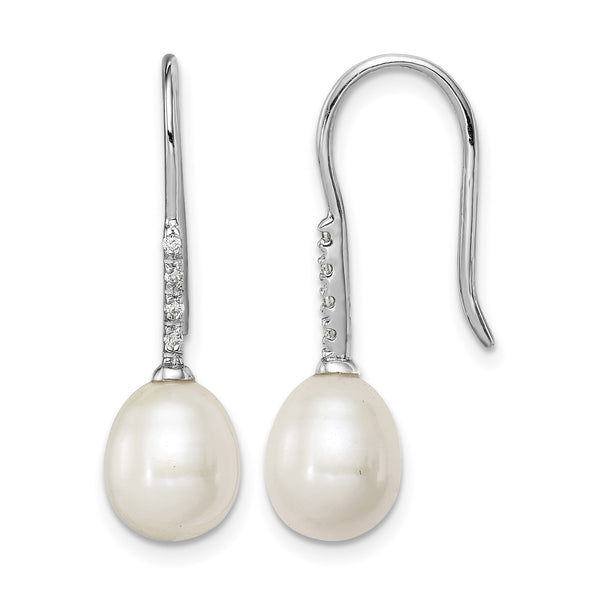 Sterling Silver Rhodium Plated Clear CZ and 7-8mm White Freshwater Cultured Pearl Dangle Earrings - Birthstone Company