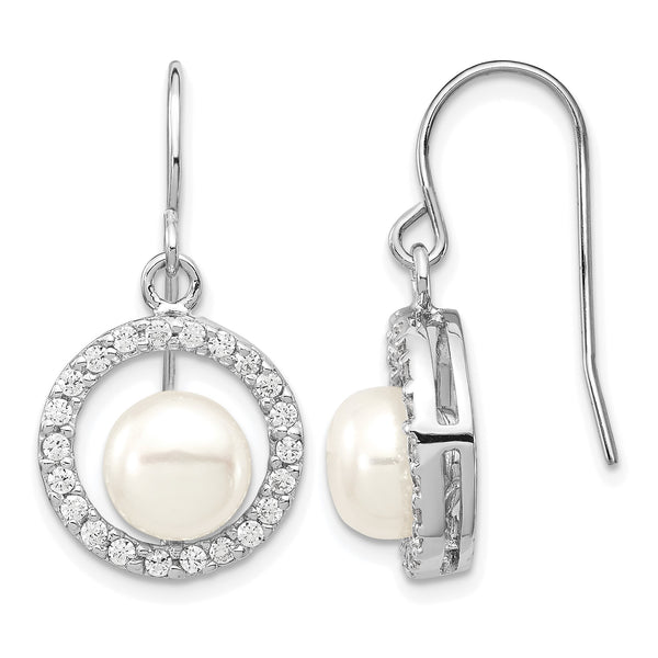 Sterling Silver Rhodium Plated Clear CZ Circle and 7-8mm White Freshwater Cultured Pearl Dangle Earrings - Birthstone Company