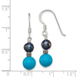 Sterling Silver Polished & Antiqued Black FWC Pearl & Turquoise w/ Flower Bead Dangle Earrings