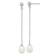 Sterling Silver Rhodium Plated 7-8mm White Freshwater Cultured Pearl Long Dangle Post Earrings