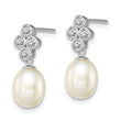 Sterling Silver Rhodium Plate Clear CZ and 7-8mm White Freshwater Cultured Pearl Dangle Post Earrings - Birthstone Company