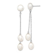 Sterling Silver Rhodium Plated Three 6-9mm White Freshwater Cultured Pearl Dangle Post Earrings