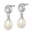 Sterling Silver Rhodium Plated Clear CZ and 7-8mm White Freshwater Cultured Pearl Dangle Post Earrings - Birthstone Company