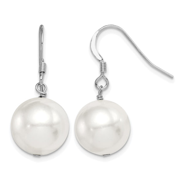 Sterling Silver Rhodium-plated 12-13mm White Round Shell Bead Dangle Earrings - Birthstone Company