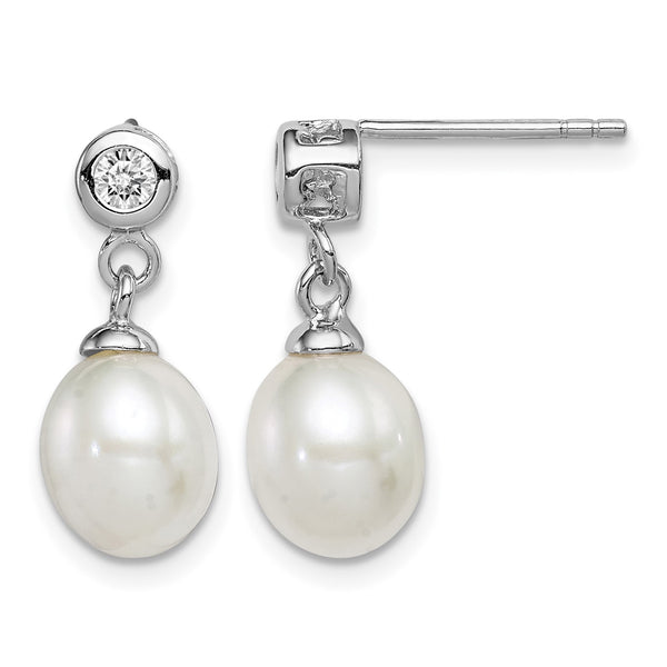 Sterling Silver Rhodium-plated 7-8mm White Rice Freshwater Cultured Pearl and CZ Post Dangle Earrings 19 in - Birthstone Company