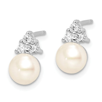 Sterling Silver Rhodium-plated 6-7mm White FWC Pearl CZ Post Earrings - Birthstone Company