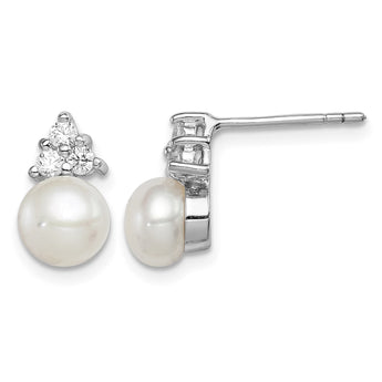 Sterling Silver Rhodium-plated 6-7mm White FWC Pearl CZ Post Earrings - Birthstone Company