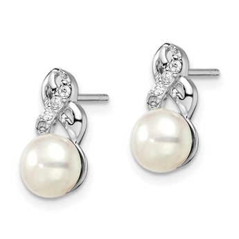 Sterling Silver Rhodium-plated 6-7mm White FWC Pearl CZ Post Earrings - Birthstone Company