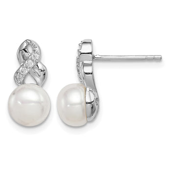 Sterling Silver Rhodium-plated 6-7mm White FWC Pearl CZ Post Earrings - Birthstone Company
