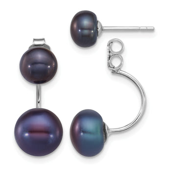Sterling Silver Rhodium-plated 5-6mm and 8-9mm Black Button Freshwater Cultured Pearl Front and Back Post Dangle Earrings - Birthstone Company