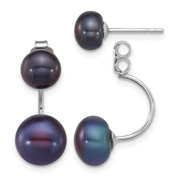 Sterling Silver Rhodium-plated 5-6mm and 8-9mm Black Button Freshwater Cultured Pearl Front and Back Post Dangle Earrings - Birthstone Company