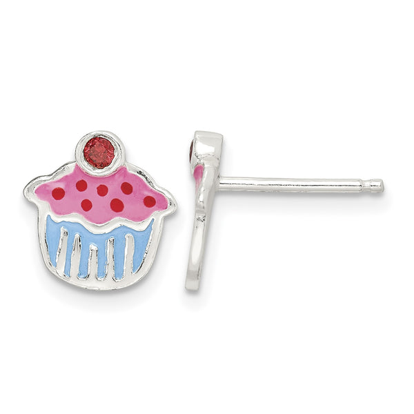 Sterling Silver Polished Enamel Garnet Cupcake Childs Post Earrings - Birthstone Company