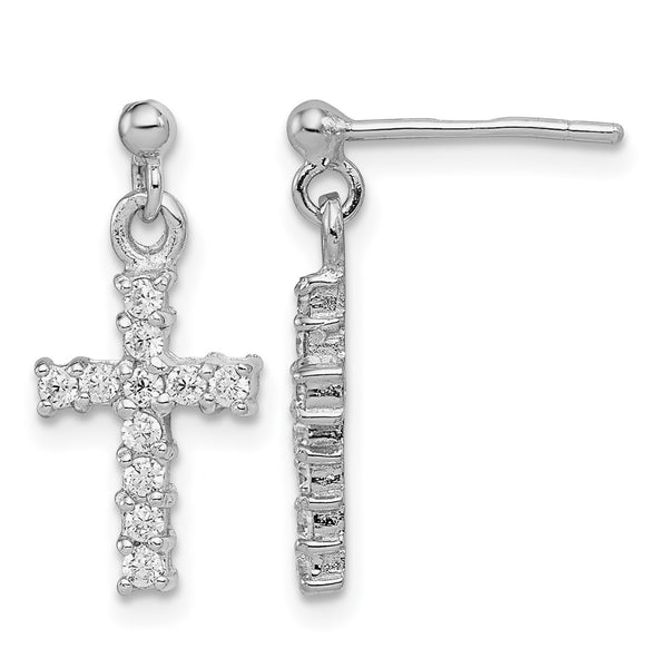 Sterling Silver Rhodium-plated Polished CZ Cross Post Dangle Earrings - Birthstone Company