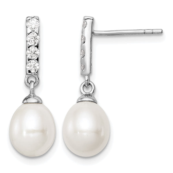 Sterling Silver Rhodium-plated 8-9mm White FWC Pearl CZ Post Earrings - Birthstone Company