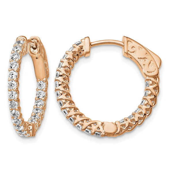 Sterling Shimmer Sterling Silver Rose-tone Rose Gold-plated 38 Stone 1.75mm CZ In and Out Round Hinged Hoop Earrings - Birthstone Company