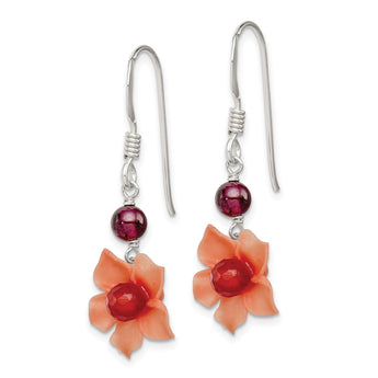Sterling Silver Polished Garnet & Carnelian Flower Dangle Earrings - Birthstone Company