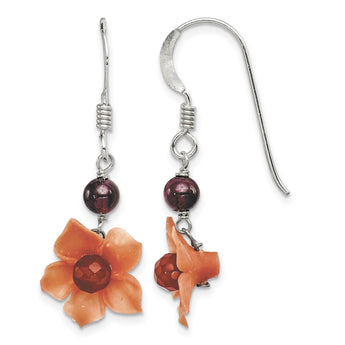 Sterling Silver Polished Garnet & Carnelian Flower Dangle Earrings - Birthstone Company