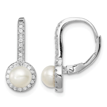 Sterling Silver Rhodium-plated Polished White 5-6mm Button Freshwater Cultured Pearl & CZ Halo Leverback Dangle Earrings - Birthstone Company
