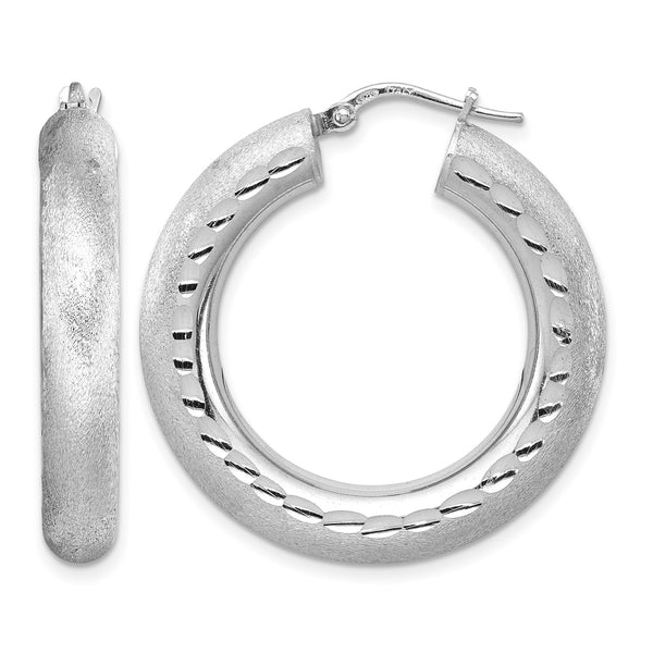 Sterling Silver Rhodium-plated Diamond-cut Polished/Satin 5mm Hoop Earrings - Birthstone Company