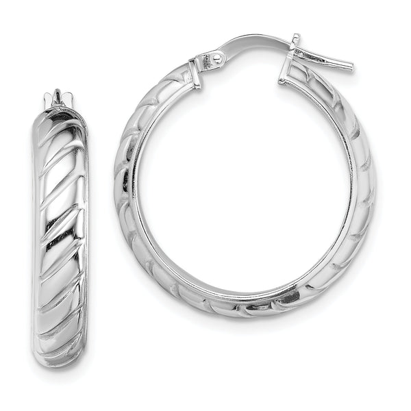 Sterling Silver Rhodium-plated 5x20mm Polished Textured Hoops