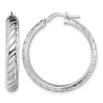 Sterling Silver Rhodium-plated 5x25mm Polished Textured Hoops - Birthstone Company