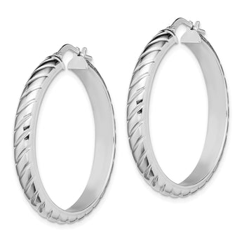 Sterling Silver Rhodium-plated 5x30mm Polished Textured Hoops - Birthstone Company