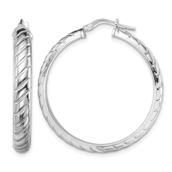 Sterling Silver Rhodium-plated 5x30mm Polished Textured Hoops - Birthstone Company