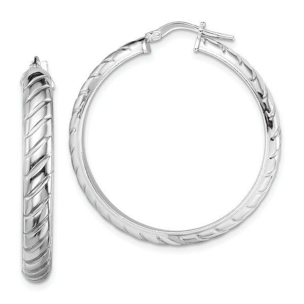 Sterling Silver Rhodium-plated 5x30mm Polished Textured Hoops