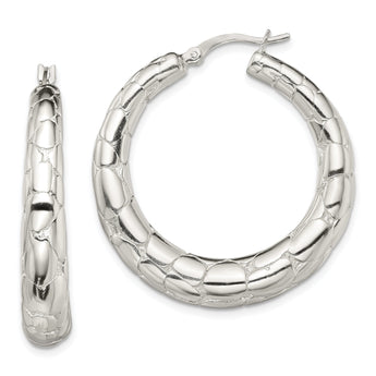 Sterling Silver Polished & Pebbled Round Hoop Earrings