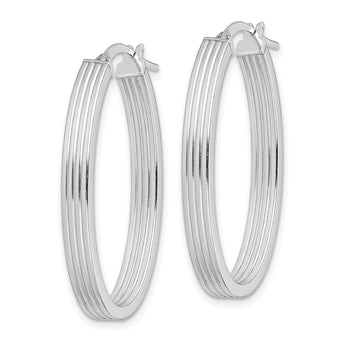 Sterling Silver Rhod-plated Polished & Striped 4mm Oval Hoop Earrings - Birthstone Company