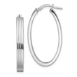 Sterling Silver Rhod-plated Polished & Striped 4mm Oval Hoop Earrings