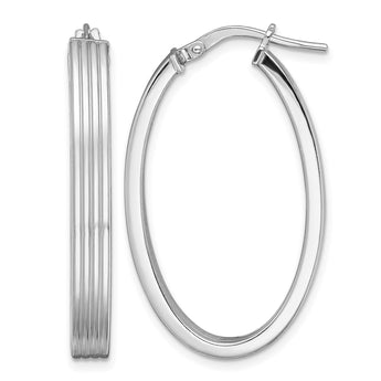 Sterling Silver Rhod-plated Polished & Striped 4mm Oval Hoop Earrings - Birthstone Company
