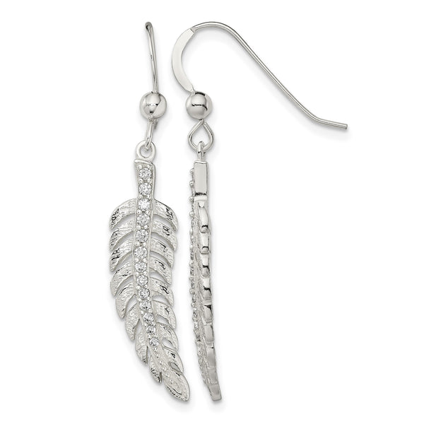 Sterling Silver Textured CZ Feather Shepherd Hook Earrings - Birthstone Company