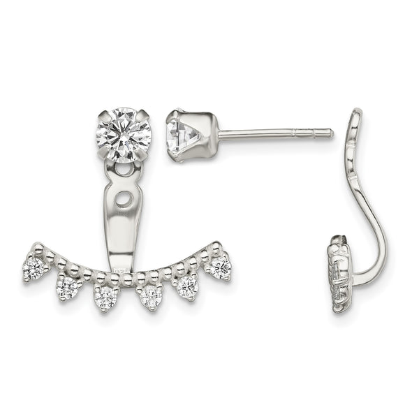 Sterling Silver Polished Beaded Curve & CZ Front & Back Post Earrings - Birthstone Company