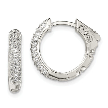 Sterling Silver Rhod-plated Pav‚ CZ Safety Lock Hinged Hoop Earrings