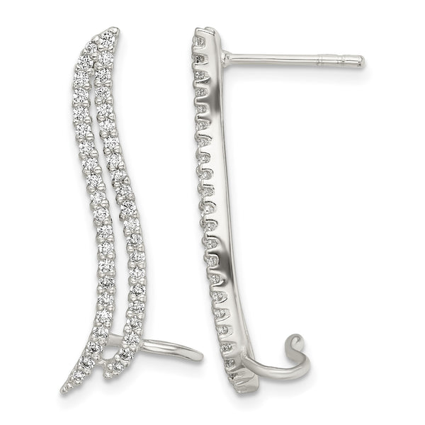Sterling Silver Polished CZ Double Row Post & Cuff Ear Climber Earrings - Birthstone Company