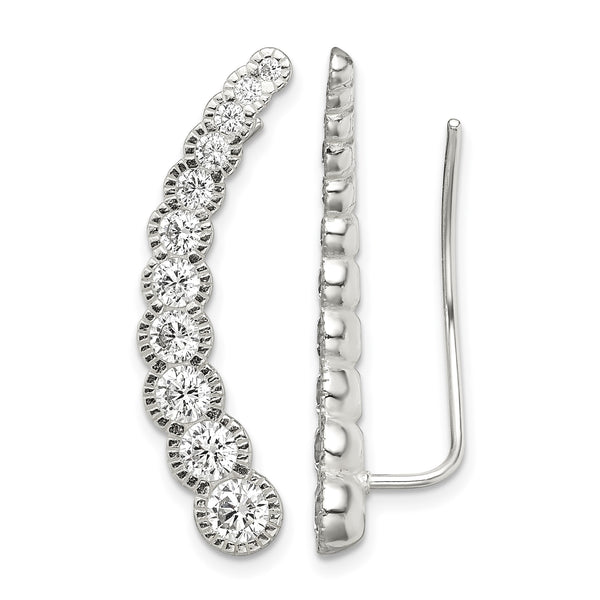 Sterling Silver Polished & Textured Graduated CZ Ear Climber Earrings - Birthstone Company