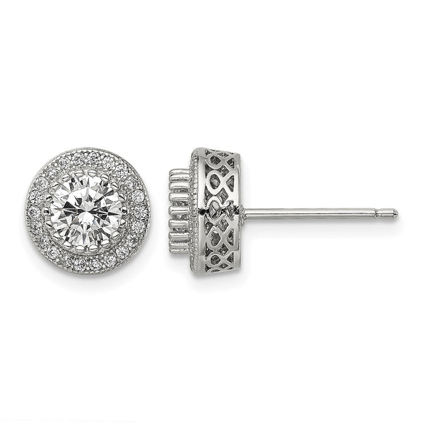 Sterling Silver Rhod-plated Polished Pav‚ CZ Halo Round Post Earrings - Birthstone Company